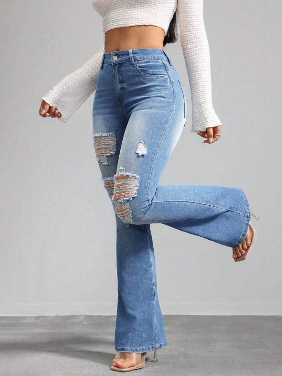 Bell Bottom Jeans for Women Ripped High Waisted Classic Flared Denim Pants