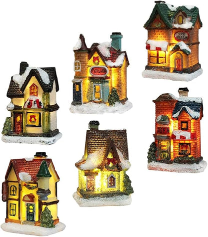 balacoo LED Lighted Christmas Village Houses: 4Pcs Mini Christmas Figurines Miniature Desktop Ornaments for Xmas Holiday Landscape Decor