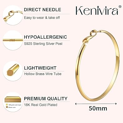 Chunky Gold Hoop Earrings for Women With 925 Sterling Silver Post, Thick Gold Hoop Earrings Hollow Tube Hoops Earrings Hypoallergenic, Lightweight Gold Large Big Hoop Earrings 405060MM