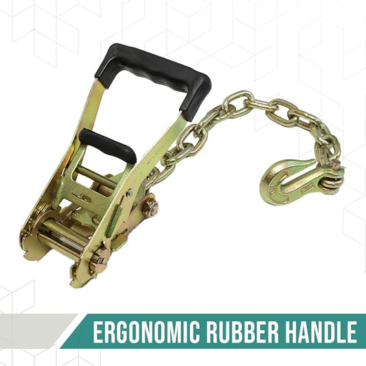 2" Ratchet Buckle with 516 G70 Forged Hook  Chain Extension 1.5 feet  2Pack - Double Locking Ratchet, Breaking Strength 10,000lbs Towing Tie Down
