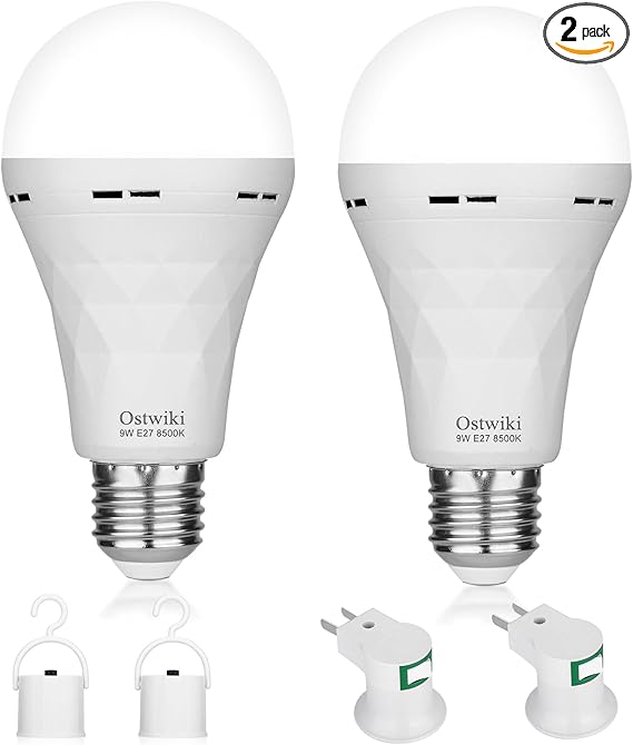 2 Pack Emergency Rechargeable Light Bulbs,Battery Operated Backup Light Bulb 9W E27 8500K 1200mAh White Equivalent Self-Charging LED Light Bulbs for Power Outage Camping Outdoor Activity
