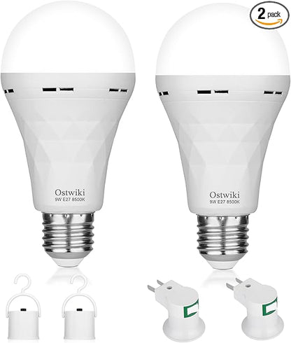 2 Pack Emergency Rechargeable Light Bulbs,Battery Operated Backup Light Bulb 9W E27 8500K 1200mAh White Equivalent Self-Charging LED Light Bulbs for Power Outage Camping Outdoor Activity