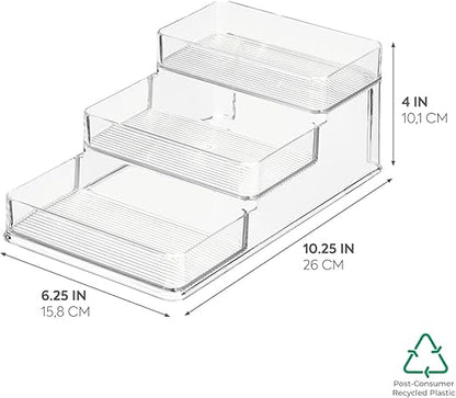 iDesign Recycled Plastic 3-Tier Stadium Spice Rack Organizer for Kitchen, Fridge, Freezer, Pantry and Cabinet Organization, The Linus Collection  6.25" x 4" x 1.25", Clear