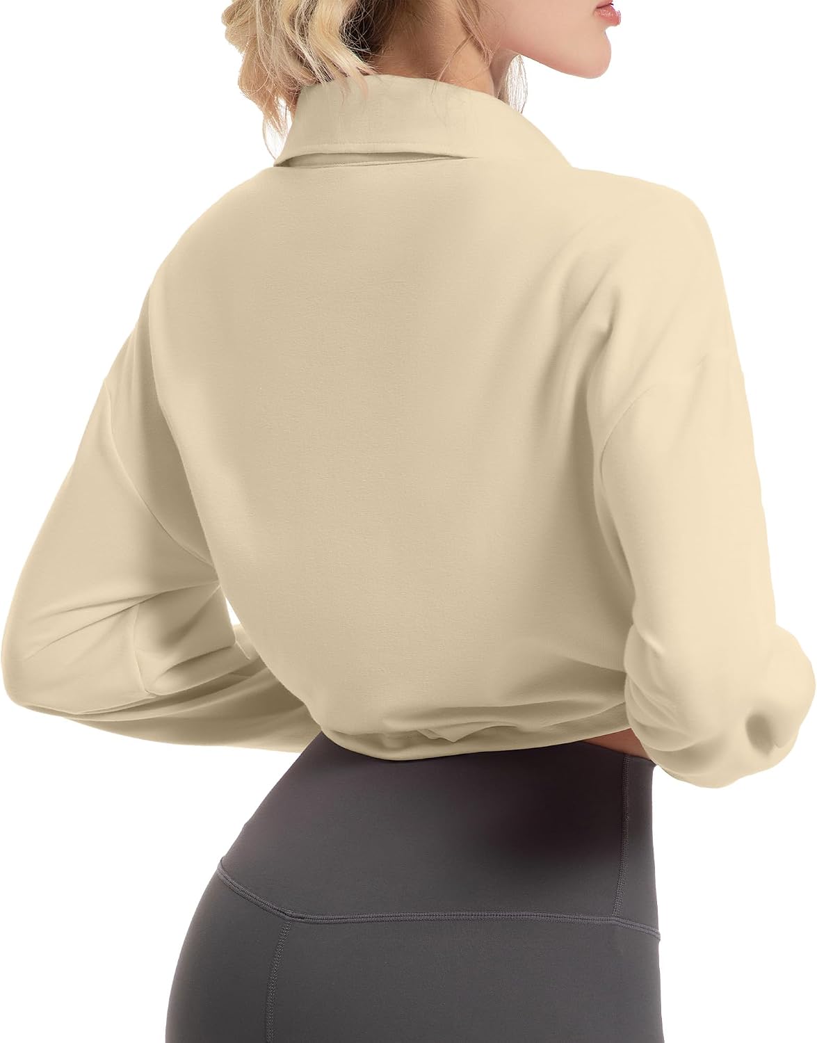 FKEEP Quarter Zip Pullover Women Cropped Sweatshirt Long Sleeve Crop Top Stand Collar Drawstring Casual Pullover