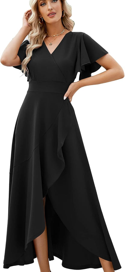 CARROTMOB Long Black Formal Dresses for Women Gowns Evening Party Cocktail Dress,Split Elegant V Neck Wrap Ruffle Wedding Guest Dresses