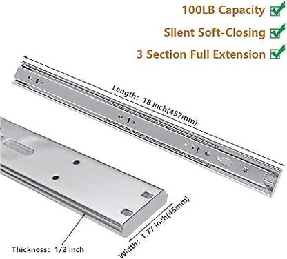 LONTAN 18 inch Heavy Duty Soft Close Drawer Slides 1 Pair Full Extension Ball Bearing Drawer Glides Side Mount Cabinet Rails with Rear Mounting Brackets 100lb Capacity