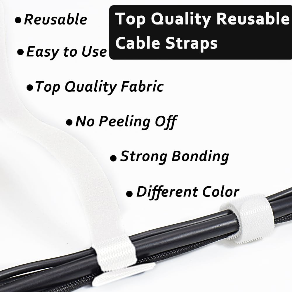 M METERXITY 60-Pack Reusable Cable Ties, 8 in Fastening Adjustable Hook and Loop Tie Wrap Cable Straps Wire Ties Multi-Purpose Cable Ties for Office/Home/Data Centers [White] (Not Original Packaging)
