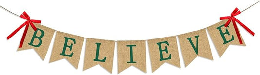 Believe Burlap Banner - Rucitc Holiday Banner Garland - Perfect for Christmas Decoration Xmas Party Decor