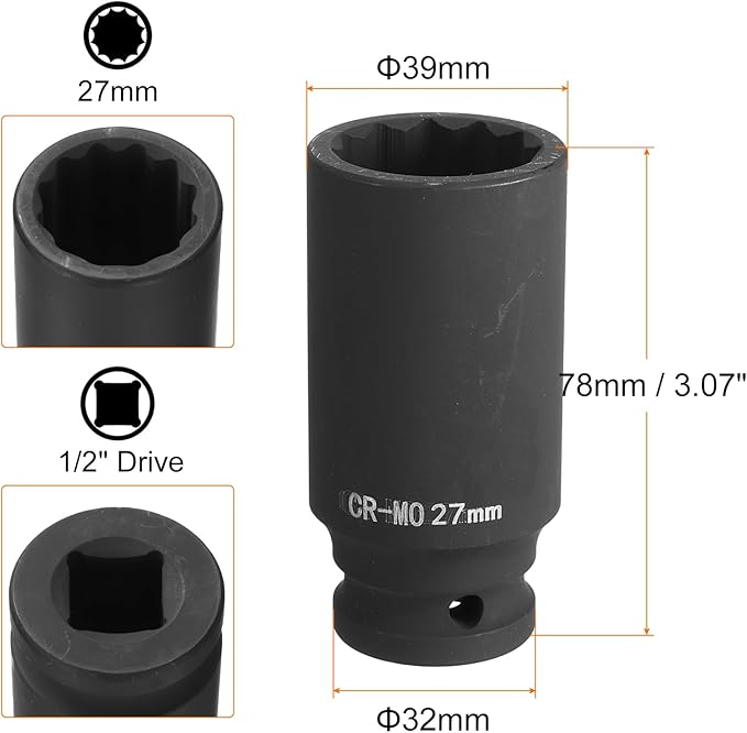 HARFINGTON 12-Point Deep Impact Socket 12 Inch Drive 27mm Metric Chrome Molybdenum Alloy Steel Spindle Axle Nut Impact Socket