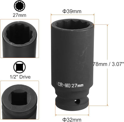 HARFINGTON 12-Point Deep Impact Socket 12 Inch Drive 27mm Metric Chrome Molybdenum Alloy Steel Spindle Axle Nut Impact Socket