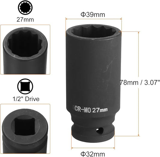 HARFINGTON 12-Point Deep Impact Socket 12 Inch Drive 27mm Metric Chrome Molybdenum Alloy Steel Spindle Axle Nut Impact Socket