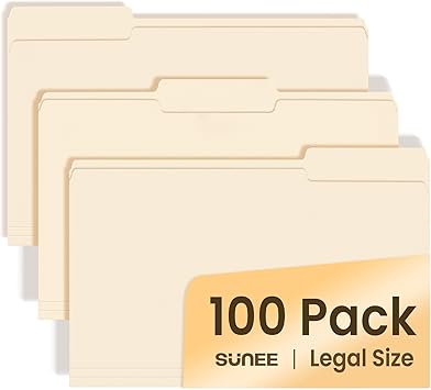 SUNEE Manilla Folders Legal Size (14 x 8.5 inches),100 Per Box, Durable Paper File Folders with 13 Cut Tab for Office, Legal Documents, Filing, and Organizing