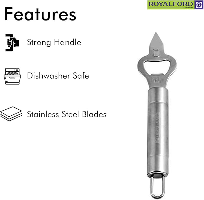 Stainless Steel Bottle Opener  Opener with forked Church Key and Crown Cork  Ideal for opening Bottles and Piercing Cans  Ergonomically Designed Handle with Hanging Loop  Stylish Design