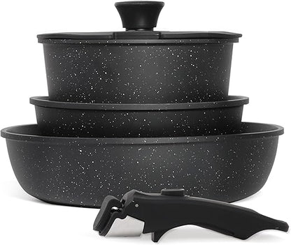 5PCS Pots and Pans Set Non Stick, Kitchen Cookware Sets with Detachable Handle, Ceramic Cookware Sets, Non Stick RV Cookware Cooking Set, Dishwasher ï¼† Oven Safe, PFOA Free, Black