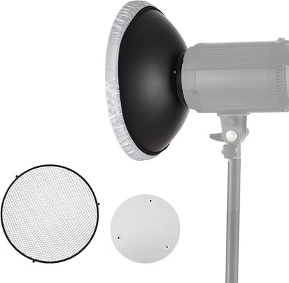 Andoer 30cm11.8in Standard Reflector Beauty Dish Bowens Mount with White Diffuser Reflector Honeycomb Grid for Studio Portrait Photography Strobe Flash Light