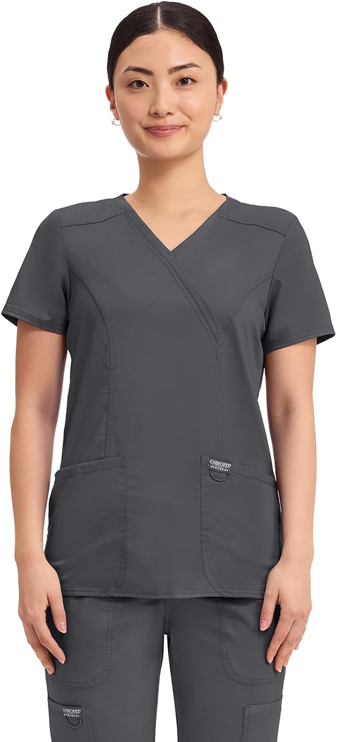 6XL Cherokee WW Revolution Scrub Tops Women Mock Wrap 2 Pockets Nurse Shirt | Slim Fit, Instrument Loop, Soft 2-Way Stretch Fabric, Durable Construction, Side Vents, Easy Care, Breathable, Healthcare Use