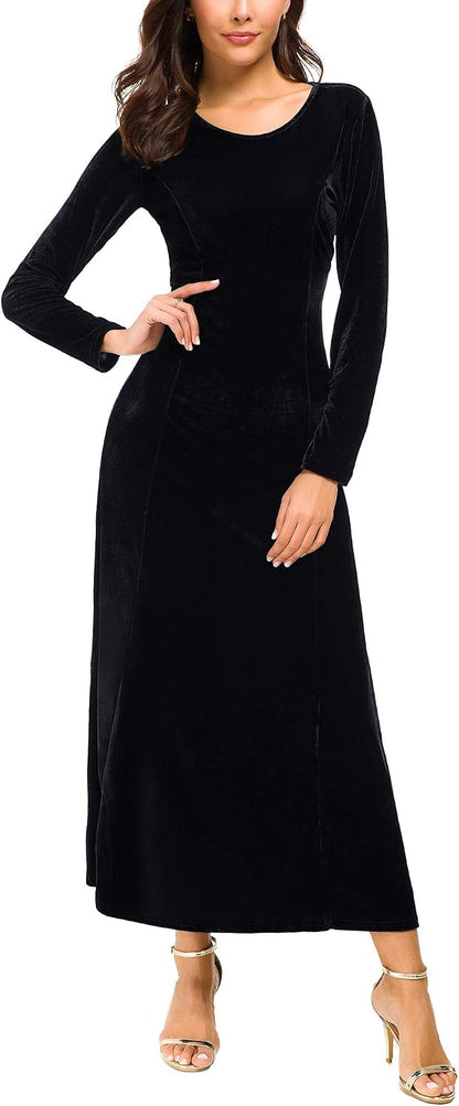 Urban CoCo Women's Elegant Long Sleeve Ruched Velvet Stretchy Long Dress .