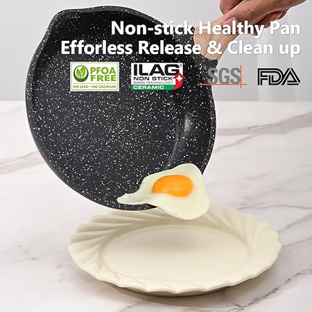JEETEE Nonstick Frying Pans Skillet with Lid, 8" Granite Non-Stick Frying pan, Aluminum Pans with Bakelite Handle, Compatible with All Stovetops (Gas, Electric  Induction), Grey