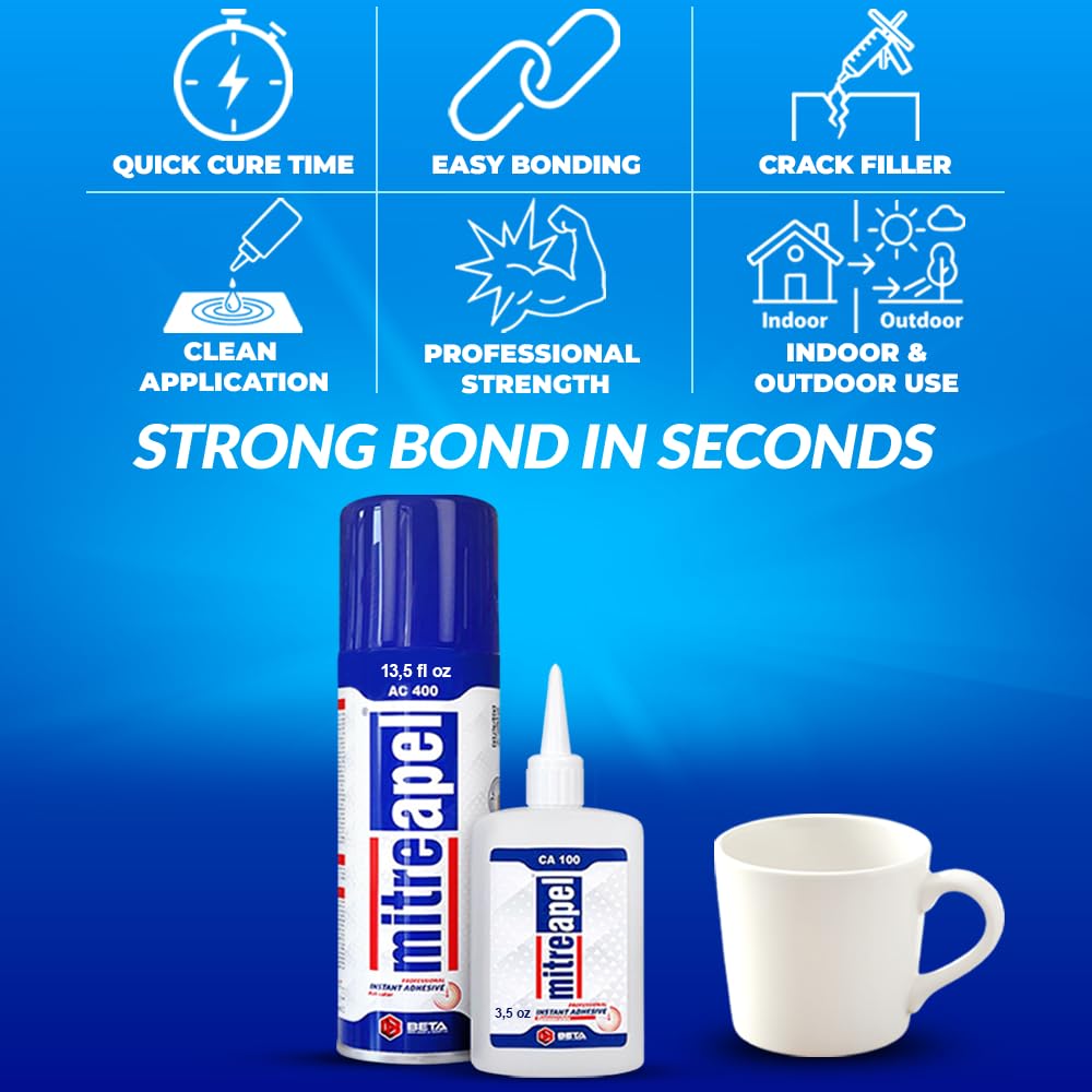 MITREAPEL CA Glue with Activator (1.7oz-6.7 floz) Instant Bond Professional Cyanoacrylate Adhesive and Super Glue Accelerator for Woodworking,Ceramic,3D Printing,Glass, DIY&Craft, Plastic,Repair