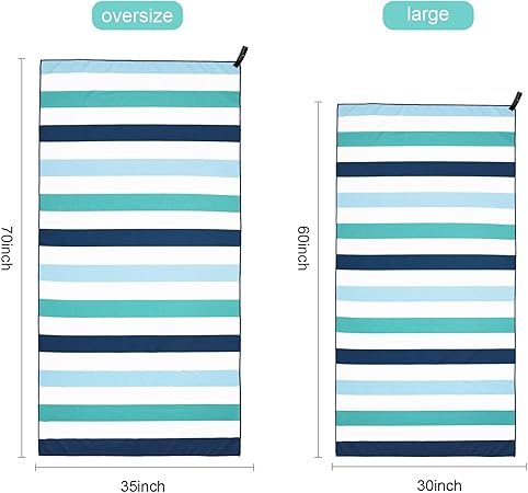 Exclusivo Mezcla Large Microfiber Quick Dry Beach Towel, Lightweight Sand-Free Cabana Stripe Pool Travel Camping Towel with Bag (Green, 30x60 Inches)