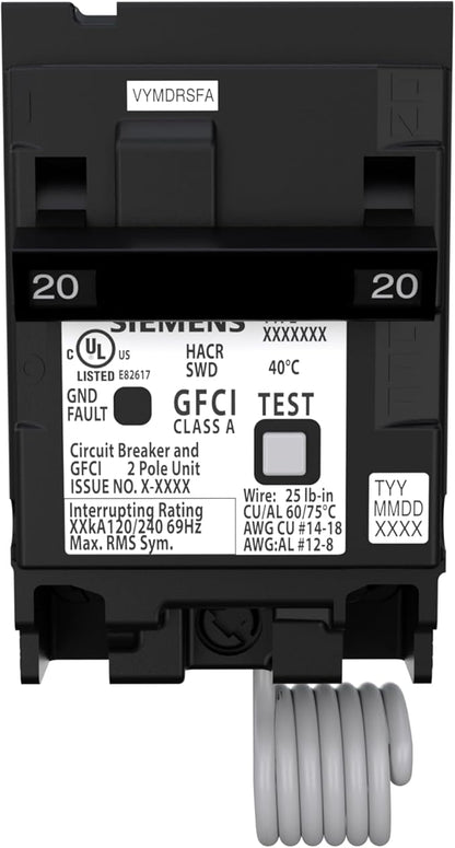 SIEMENS Q220GF Ground Fault Circuit Interrupter, 20 Amp, 2-Pole GFCI Circuit Breaker Replaces QF220A