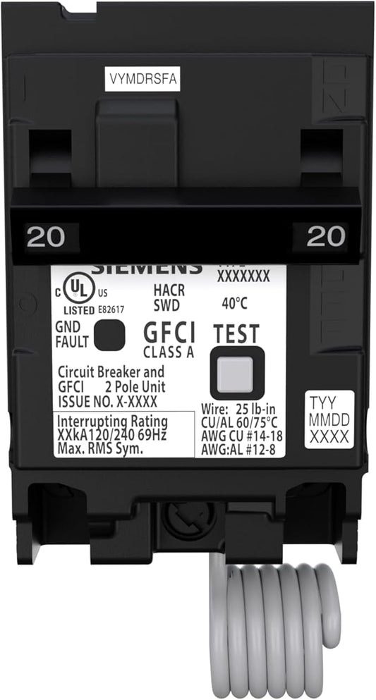 SIEMENS Q220GF Ground Fault Circuit Interrupter, 20 Amp, 2-Pole GFCI Circuit Breaker Replaces QF220A