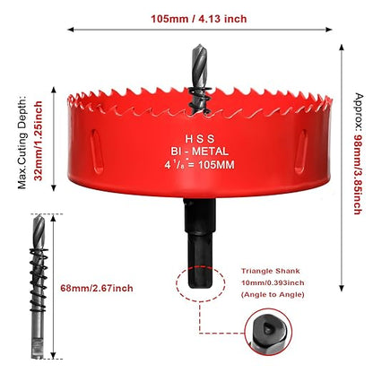Hole Saw 4 18 (105mm) for Wood and Plastic, HSS Bi-Metal Hole Cutter Core Drill Bit for Drywall, PVC Boards, Fiberglass and Vent Pipes