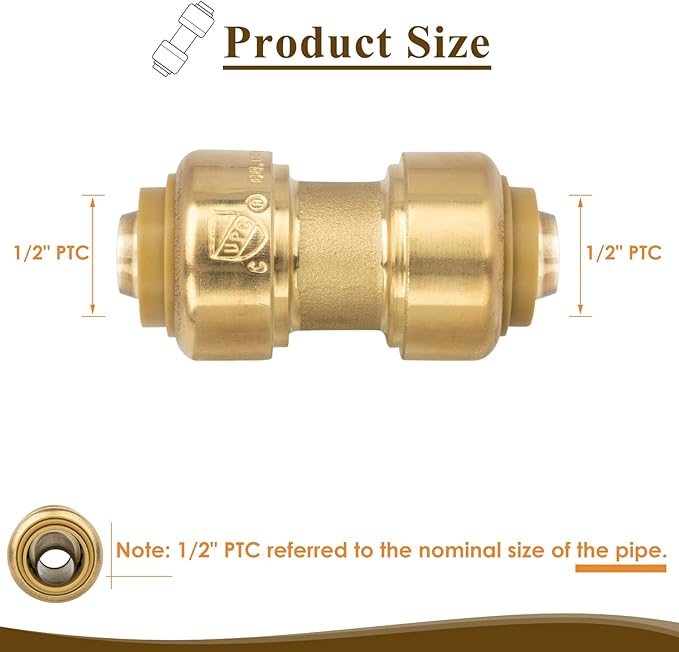 1/2" Pushfit Straing Coupling, Push Fit Pex Fitting for Copper, CPVC Pipe, Brass Push to Connect Plumbing Fitting with Upgraded Stiffener (1 Pack)