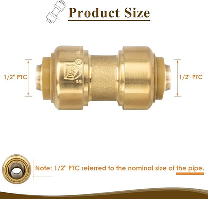1/2" Pushfit Straing Coupling, Push Fit Pex Fitting for Copper, CPVC Pipe, Brass Push to Connect Plumbing Fitting with Upgraded Stiffener (1 Pack)