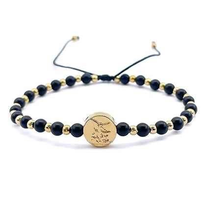 St Michael Archangel Coin and Natural Round White Turquoise Beads Adjustable Bracelet for Women (Black Mate Onix)