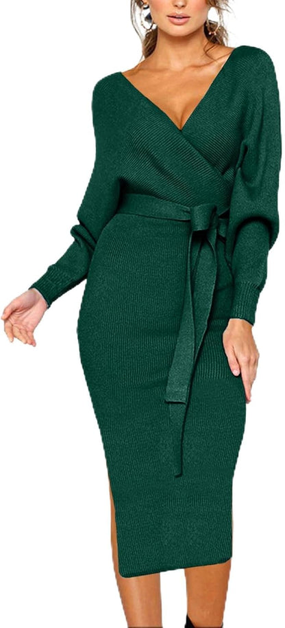 CHERFLY Women's V Neck Sweater Dresses Batwing Long Sleeve Backless Bodycon Long Dress with Belt .