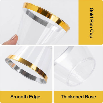 Goodluck 50PCS 9oz Gold Plastic Cups for Party, Disposable Gold Rim Cups, Plastic Cocktail Glasses for Wedding Thanksgiving, Christmas, and Parties