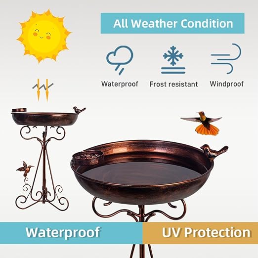 VEWOGARDEN Metal Bird Baths for Outdoors Vintage Garden Birdbath 12" Bird Bath Bowl Pedestal Bird Baths Standing Bird Feeder Birdbath with Folding Bracket