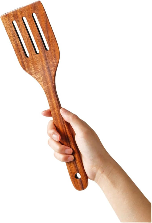 Kitchen Premium Teak Wooden Slotted Spatula-Long Handle, Flat Frying, Non-Stick Safe, Handmade, Multipurpose,Wooden Turner, Wooden Spatula for Cooking  Gifting