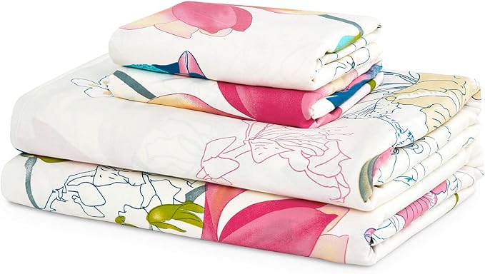 Wake In Cloud - Floral Bed Sheets, 100% Cotton, 4-Piece Sheet Set, Bird Patterned Printed Botanical Boho Flower Aesthetic Bedding, Deep Pocket, Pink Beige, King Size
