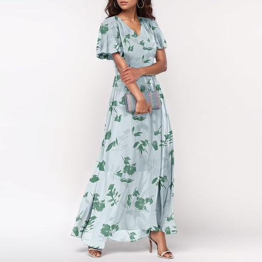 Chiffon Dresses for Women Flutter Sleeve Summer Boho Floral Maxi Dresses Gauze Flowy Garden Wedding Guest Long Dress
