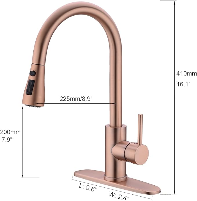 Delle Rosa Copper Rose Gold Kitchen Faucet, Deck Mount, 304 Stainless Steel, Single Handle, 3-Way Spray Setting, Easy Installation