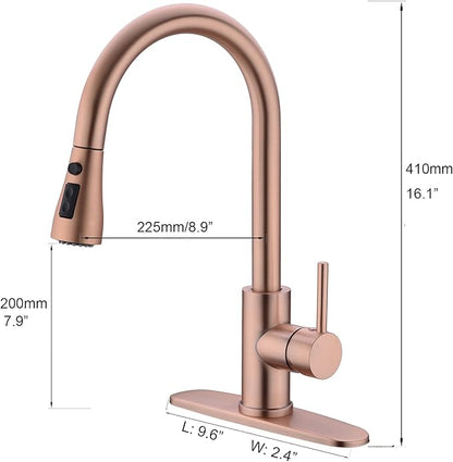 Delle Rosa Copper Rose Gold Kitchen Faucet, Deck Mount, 304 Stainless Steel, Single Handle, 3-Way Spray Setting, Easy Installation