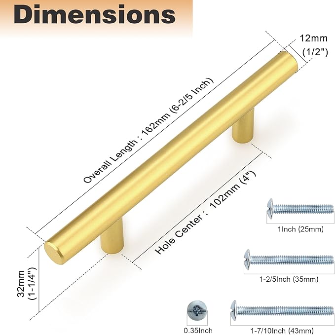 Probrico 10 Pack 4 Inch Center-to-Center Kitchen Cabinet Pulls T Bar Gold Cabinet Handles Modern Drawer Hardware Dresser Pulls, 6-45 Inch Total Length