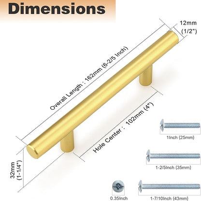 Probrico 10 Pack 4 Inch Center-to-Center Kitchen Cabinet Pulls T Bar Gold Cabinet Handles Modern Drawer Hardware Dresser Pulls, 6-45 Inch Total Length