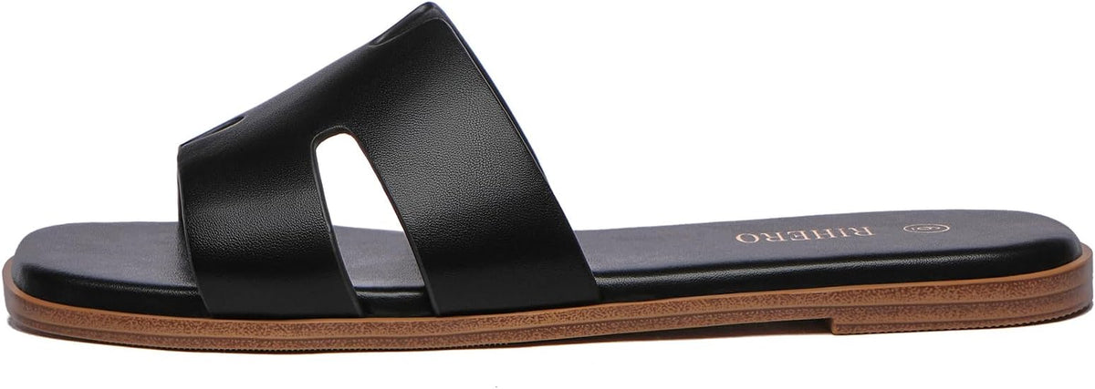 Rihero Flat Sandals Women Dressy Comfortable Slip On Leather Slide Sandals | PU / Raffia Clear Knit Upper, Square Toe, Cushioned Footbed, Casual Slides, Vacation, Travel, Work, Everyday Summer Sandals