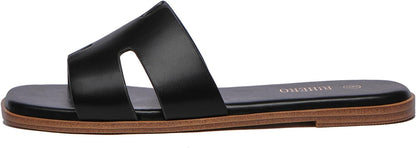 Rihero Flat Sandals Women Dressy Comfortable Slip On Leather Slide Sandals | PU / Raffia Clear Knit Upper, Square Toe, Cushioned Footbed, Casual Slides, Vacation, Travel, Work, Everyday Summer Sandals