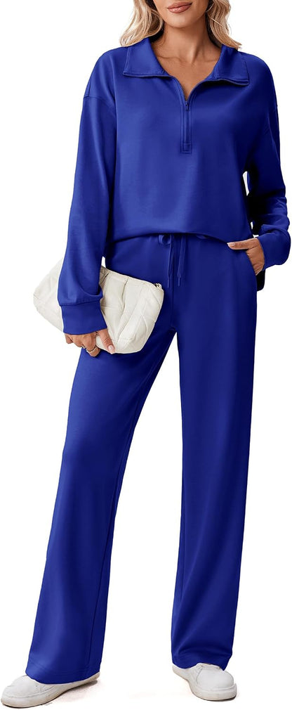 PINSPARK 2 Piece Sets for Women 1/2 Zip Sweatsuit 2026 Matching Outfit Fall | Lightweight Air Layer Fabric, Loose Fit Sweatshirt, Straight Leg Pants with Pockets, Soft Lounge Sets, Airport Outfits Women