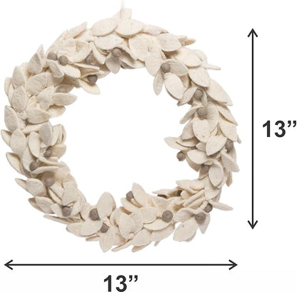 DeKulture Handmade Premium Wool Felt Wreath (White) Eco Friendly Needle Felted Christmas Xmas Tree Decoration for Home Office Party Holiday Dcor, 13" (D) Inches