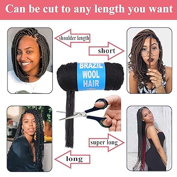 COOKOO 4 Roll Natural Black Brazilian Wool Hair Acrylic Yarn for African Crochet Hair Jumbo Braids Senegalese Twisting Knitting Hair Braids Faux locs Spiral Corkscrews Braids Twist Wraps 70GRoll(1B)