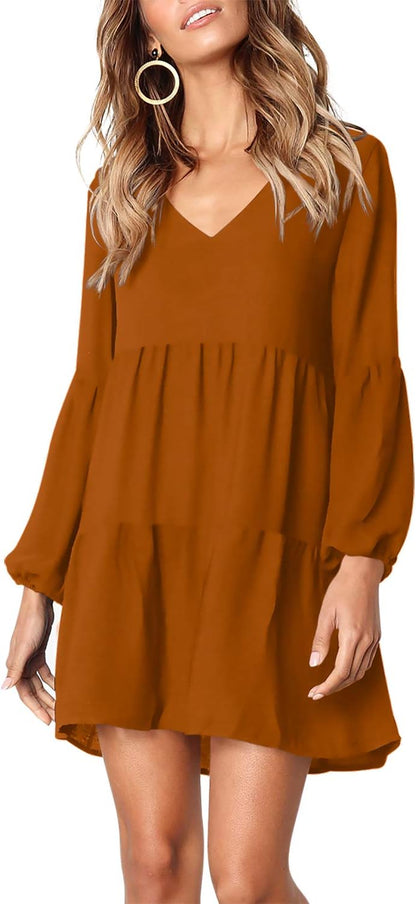 Amoretu Women's Long Sleeve V-Neck Swing Tunic Dress