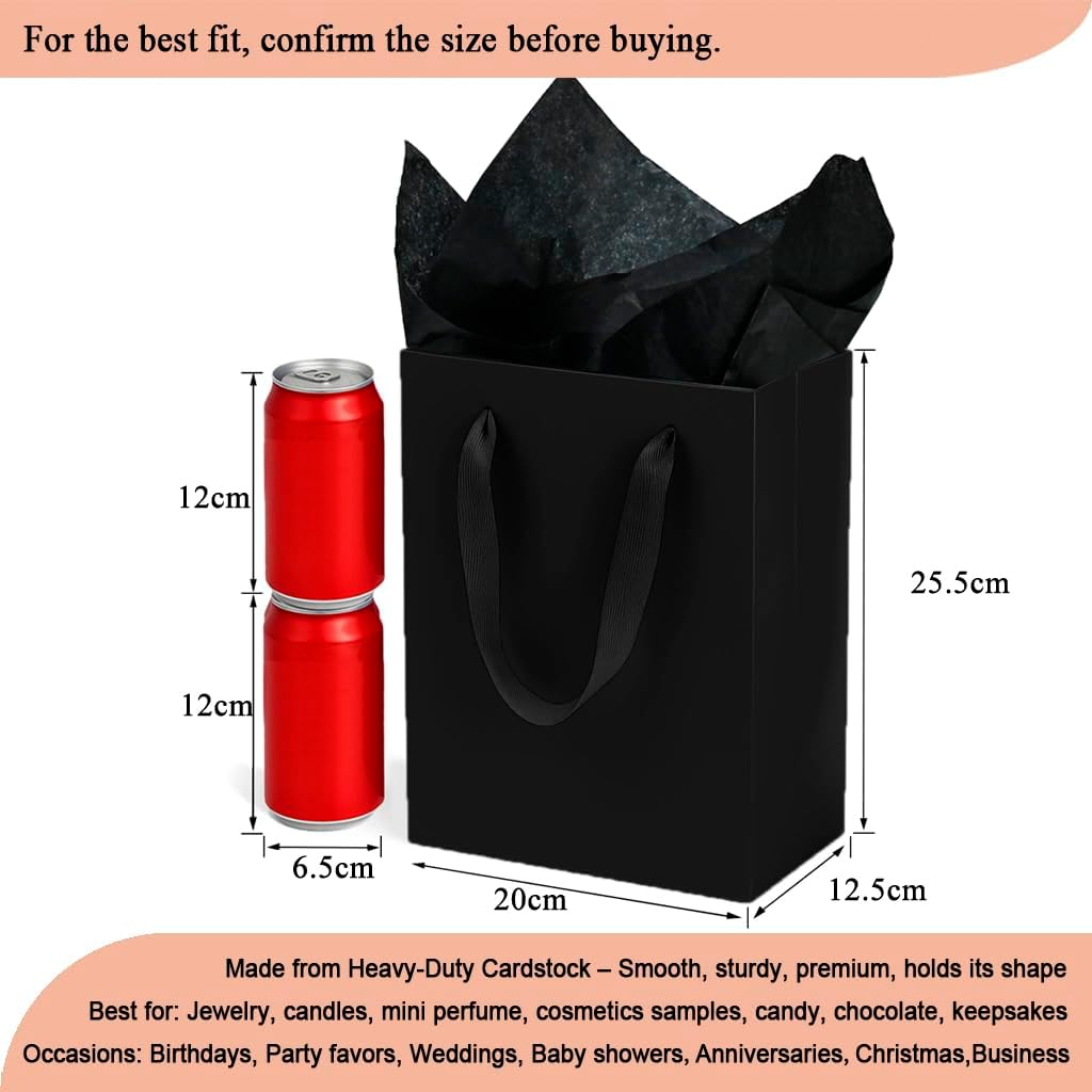 Aosric 3 Pack 8x5x10 In Black Gift Bags with Tissue Paper – Medium Sturdy & Reusable Boutique Gift Bags with Ribbon Handles for Party Favors, Wedding, Birthdays, Christmas and Holidays
