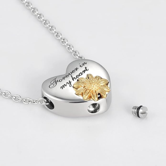 Gold Sunflower Cremation Heart Urn Necklaces for Ashes Women Men Memorial Engraved Forever in My Heart Keepsake Pendant Dad Mom Grandma