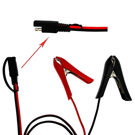 1 FT Battery Clip-on Crocodile Clamps to SAE Connector, 14AWG Solar Charger Extension Cable/Power Supply Aux Adapter/Red & Black Connecting Alligator Clips Charging Wire