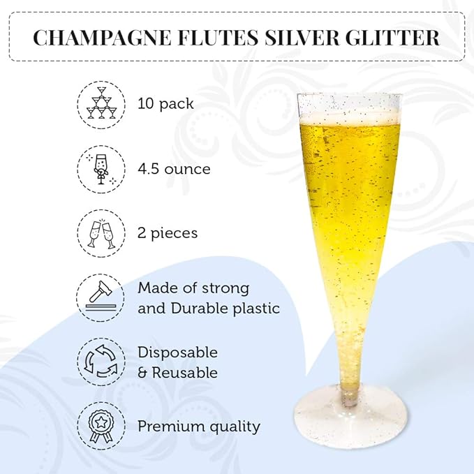 Oasis Creations Plastic Champagne Flute Glasses Set 10 count- 4.5 ounce - Silver Glitter Stem Cups - 2 Pieces - Ideal for Birthday Party, Wedding Reception, Office Parties, and other Celebrations!